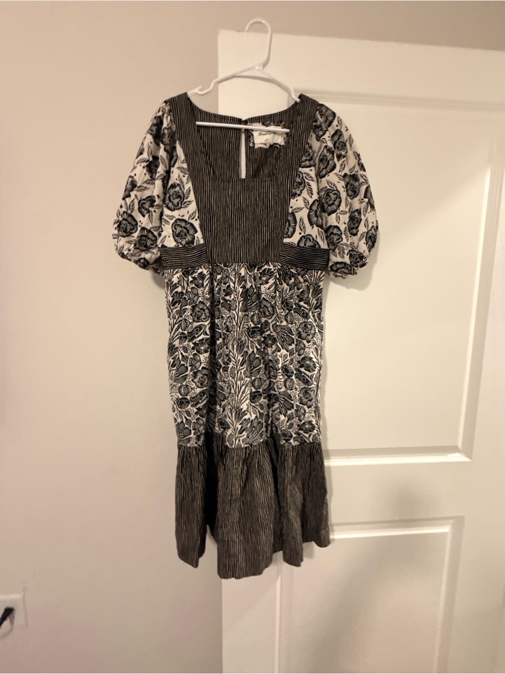 Anthropologie Black & White Floral Puff-Sleeve Midi Dress